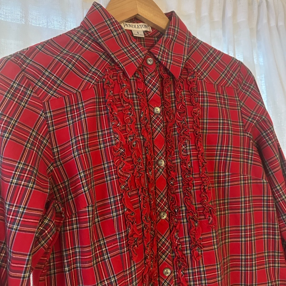 Pendleton Red and Black Plaid Blouse with Ruffles size sm